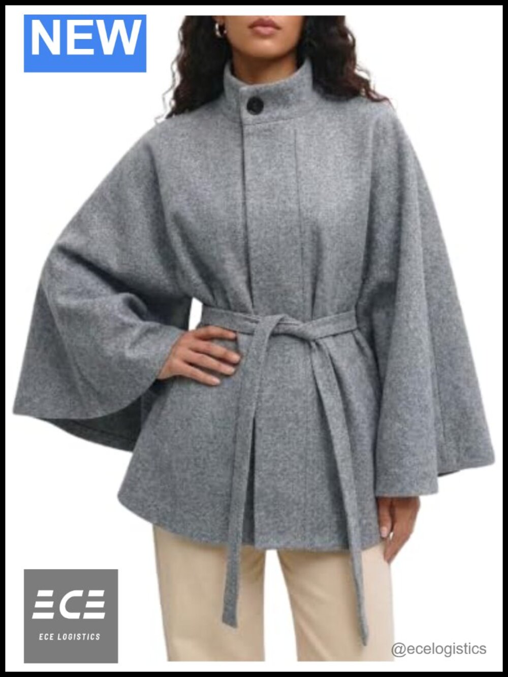 Womens Wool Blend Batwing Sleeve Belted Cape Coat